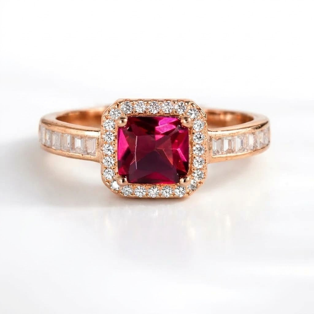 A square-cut rose gold ring featuring a prominent deep red center gemstone surrounded by a halo of small clear stones, with baguette-cut side stones on a clean white background.