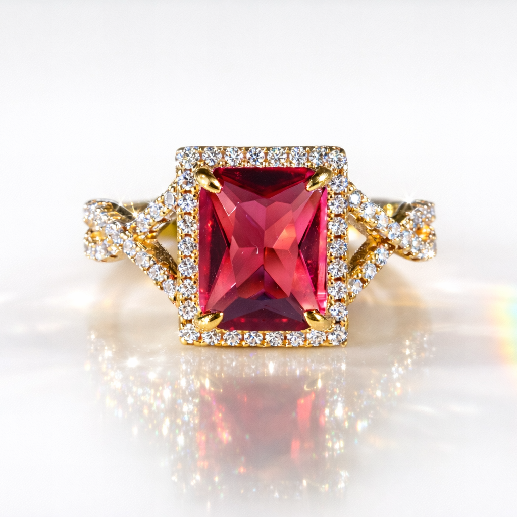 Ruby Engagement Ring Radiant Cut Diamond Ring 4 Claw Prong Setting.
