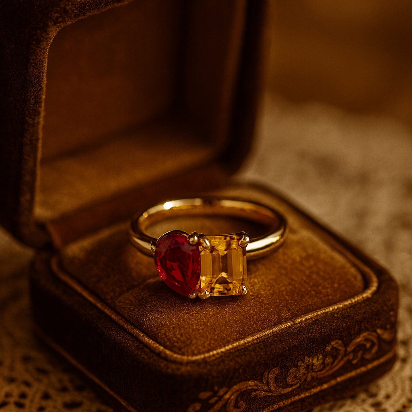 Pear Cut Ruby And Emerald Cut Yellow Sapphire Ring