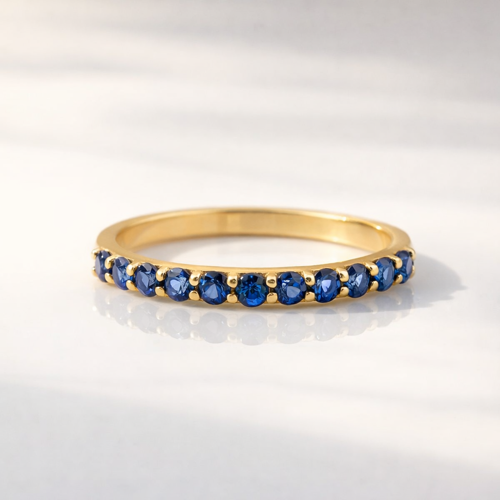 Sapphire Diamond Eternity Band Birthstone Wedding Band Dainty Gold Band.
