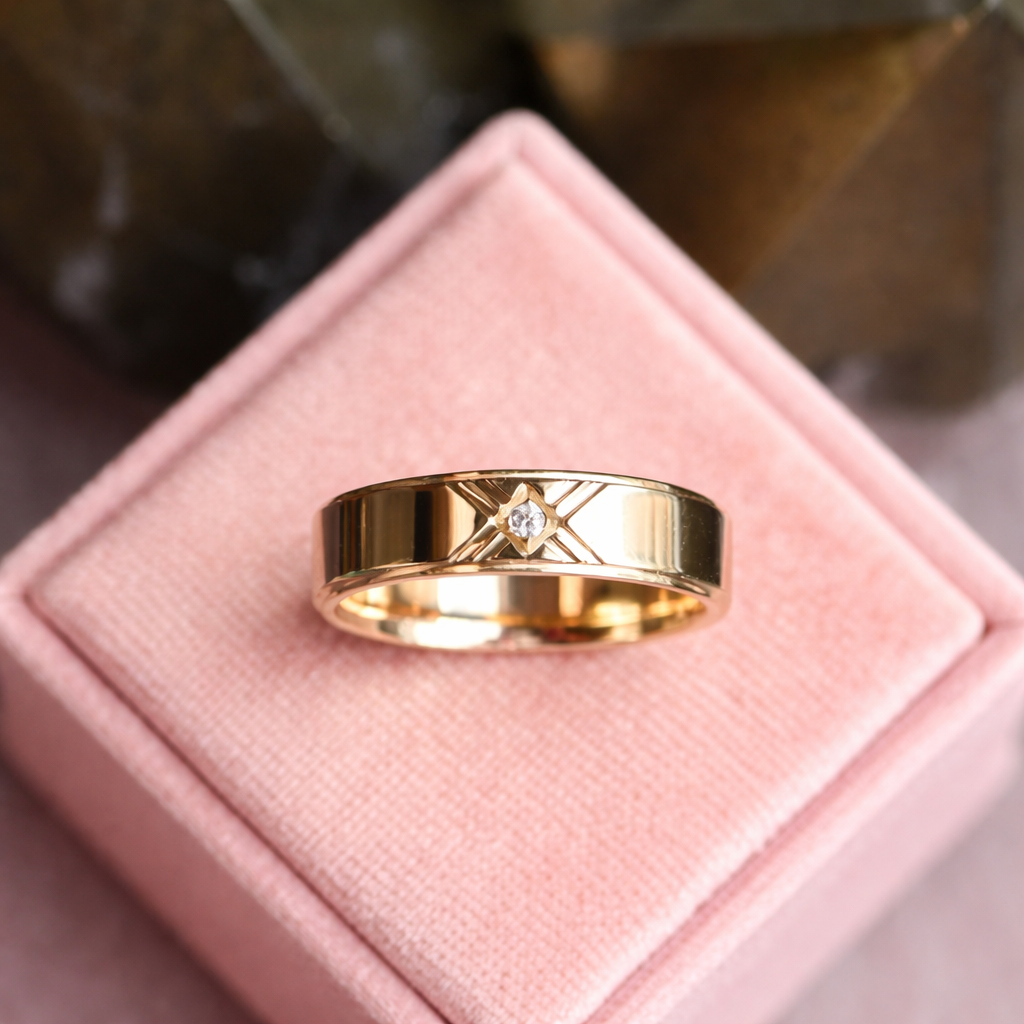 Satin Or Polished Finishes Round Cut Diamond Mens Band Yellow Gold Mens Band.
