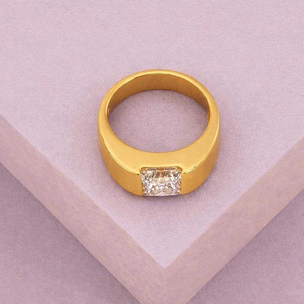 Diamond Ring For Men Featuring Princess Cut Diamond In Gold Band
