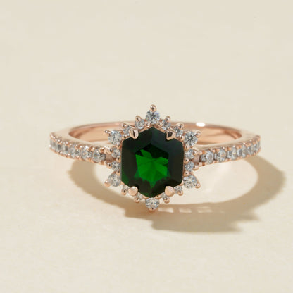 Engagement Green Stone Ring, Moissanite Rose Gold Halo Fine Jewelry With Romantic Appeal