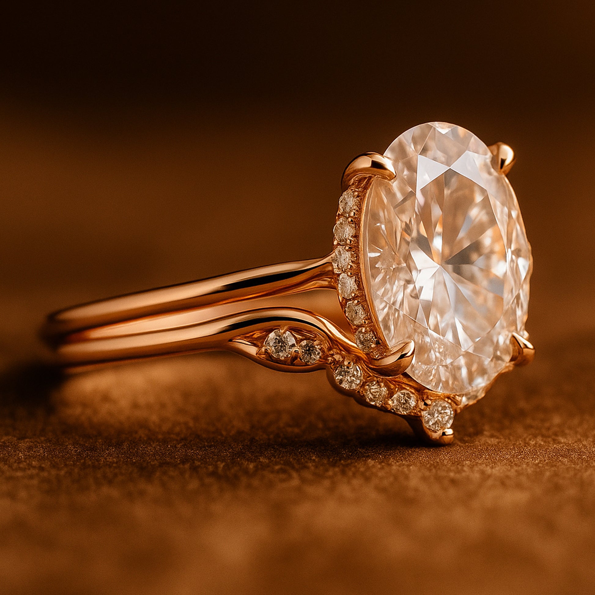 Romantic Oval Moissanite Ring With Curved Band And Accent Stones On Soft Fabric Background