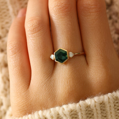 Hexagon Emerald Ring With Diamond Accents, Green Birthstone Fine Gemstone Jewelry And Modern Geometric Design