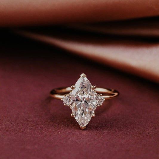 Three-Stone Marquise Moissanite Engagement Ring, Trio Gold Wedding Fine Jewelry With VVS1 Clarity