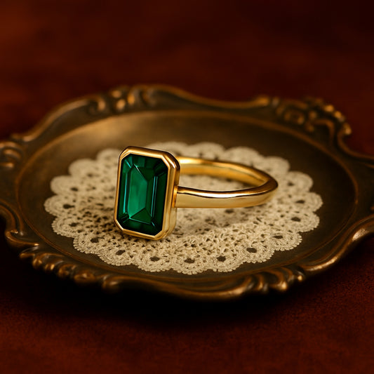 Green Stone Emerald Cut Ring In Yellow Gold, Birthstone Fine Gemstone Jewelry With Classic Prong Setting