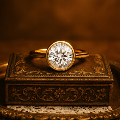 Round Diamond Bezel Set Solitaire Ring in Gold – Minimalist Engagement Design

