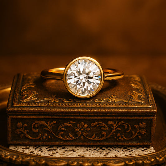 Round Diamond Bezel Set Solitaire Ring in Gold – Minimalist Engagement Design
