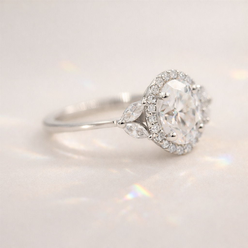 Round Cut Halo Setting Side Stone Engagement Ring Four Round Prong Setting.
