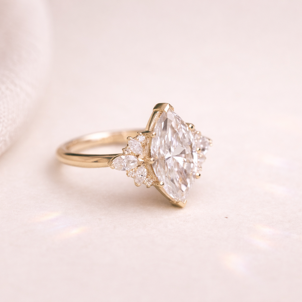 Elegant Marquise Cut Moissanite Ring With Side Stone Design
