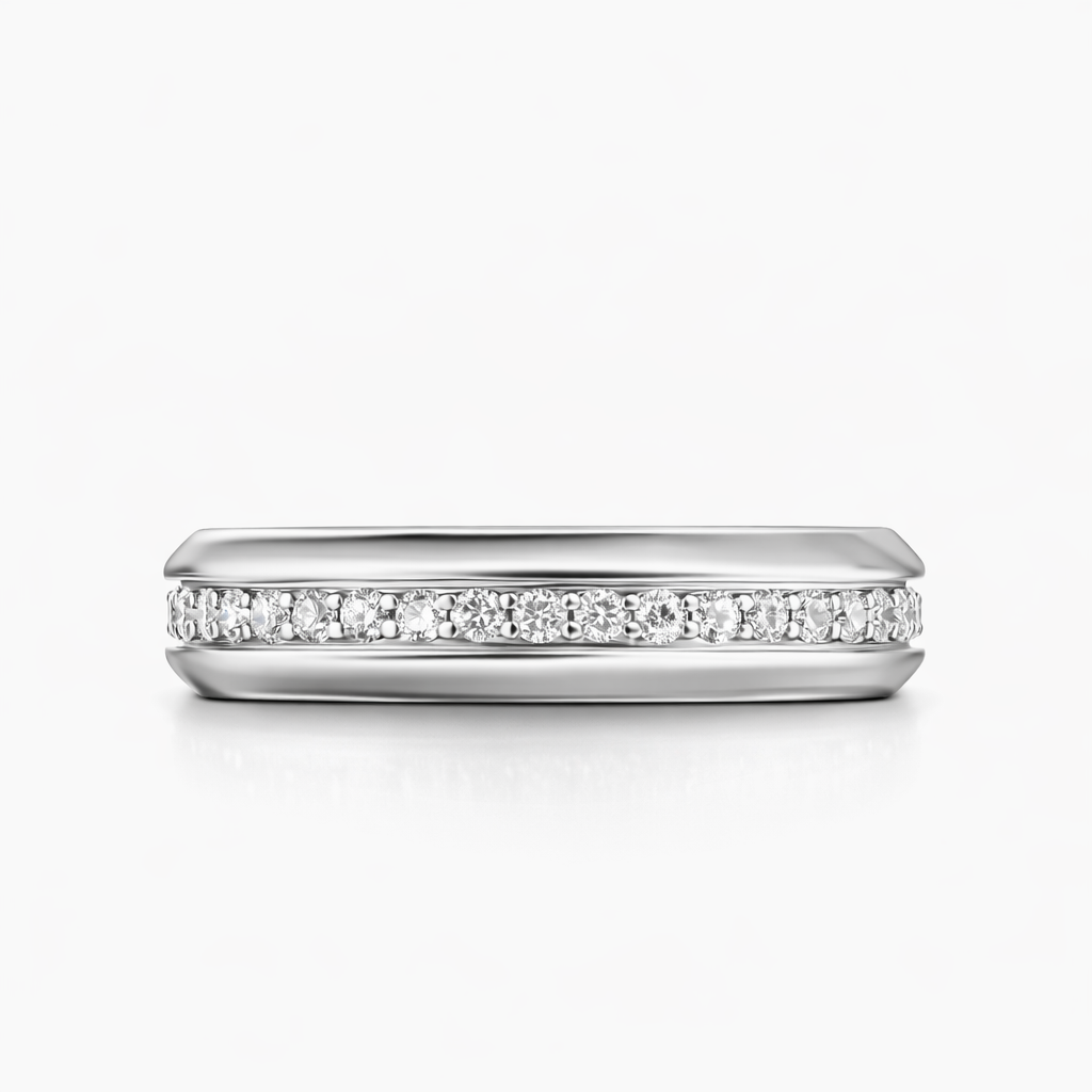 Mens Channel Set Wedding Band With Round Cut Diamond Or Moissanite In White Gold
