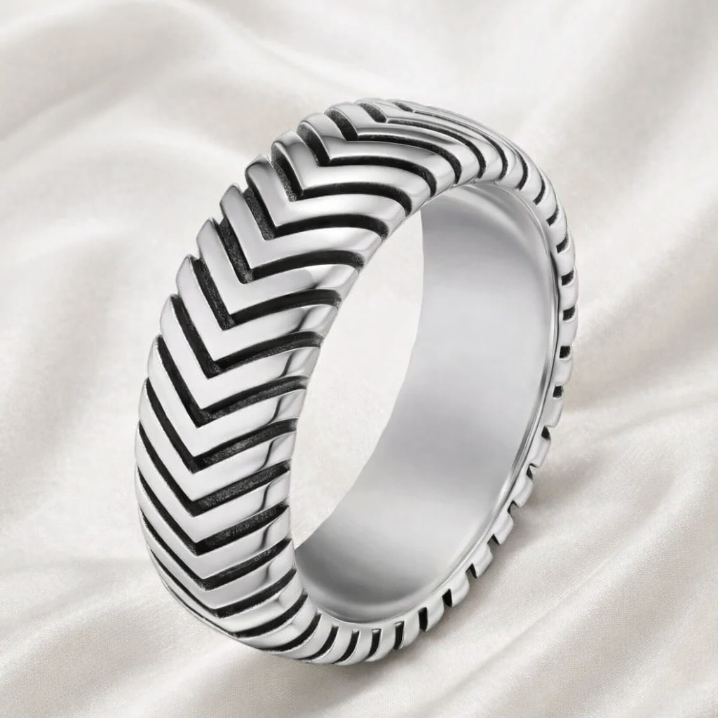 Silver Ring For Men With Bold Chevron Pattern Wedding Band Style
