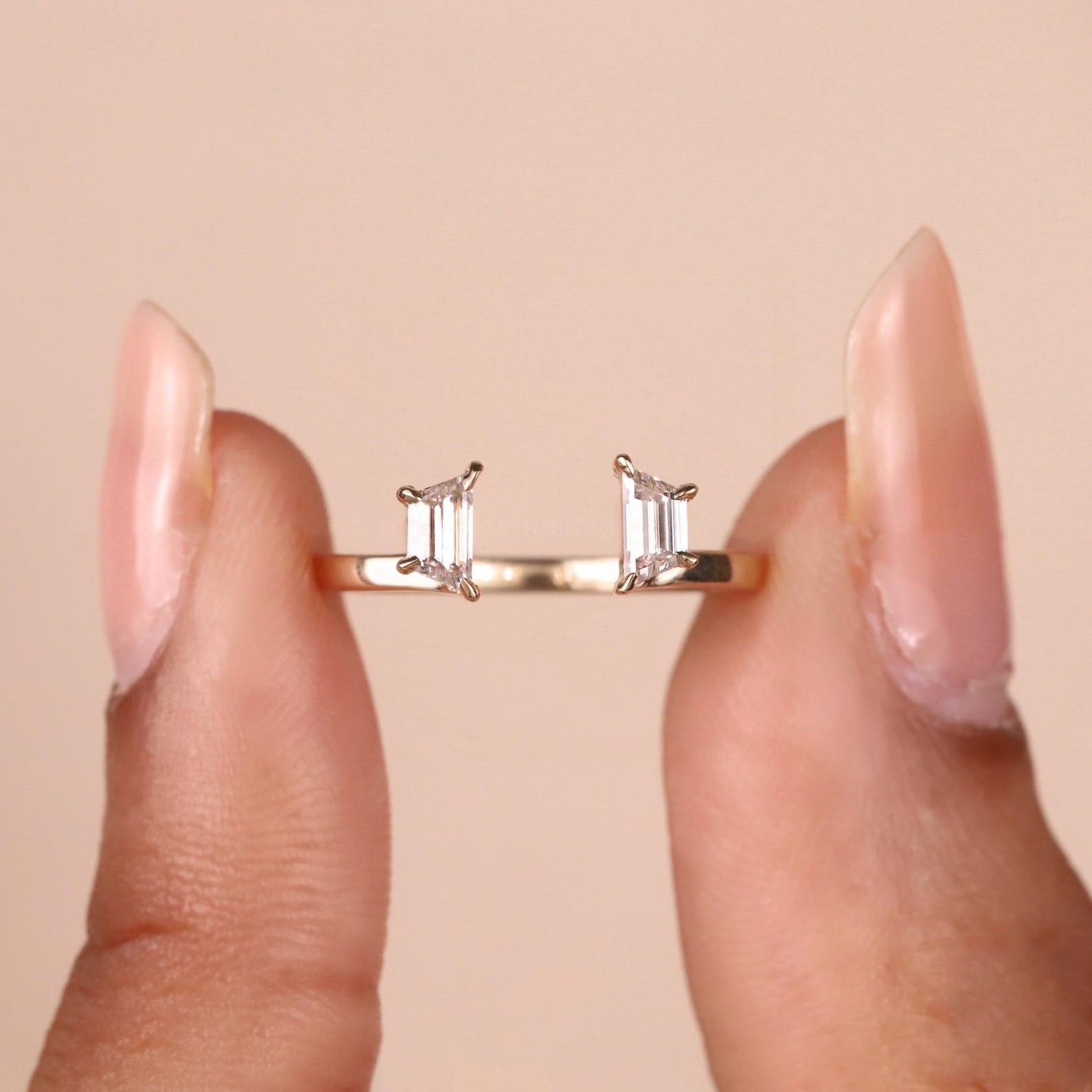 Twin Stone Ring Trapezoid Wedding Band Simple Wedding Band Open Guard Band.
