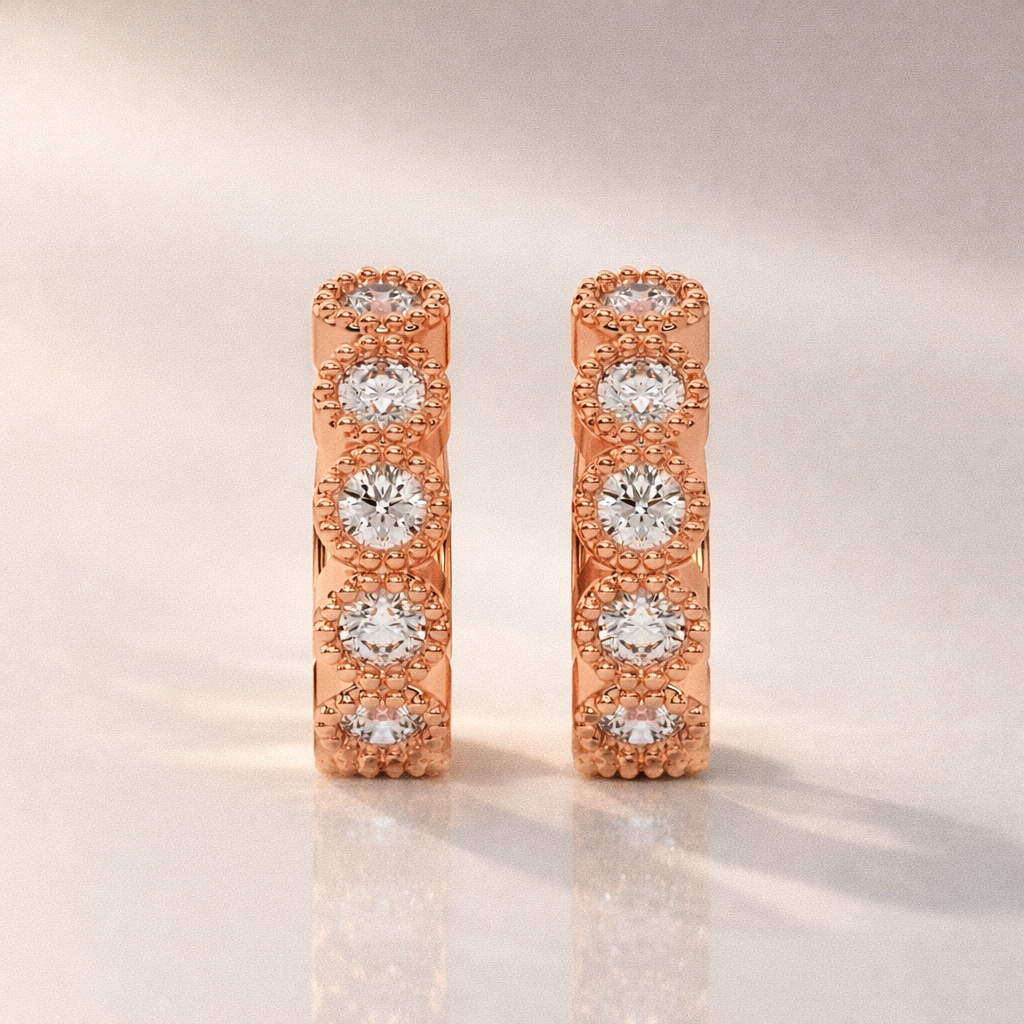 Small Diamond Hoop Earrings For Women In Elegant Milgrain Halo Setting
