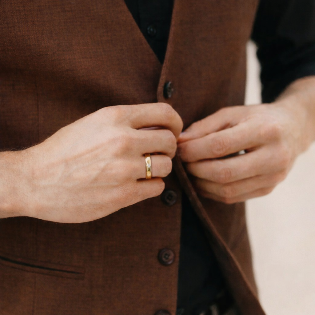 Mens Gold Diamond Ring With High Polish Finish And Sculpted Grooves
