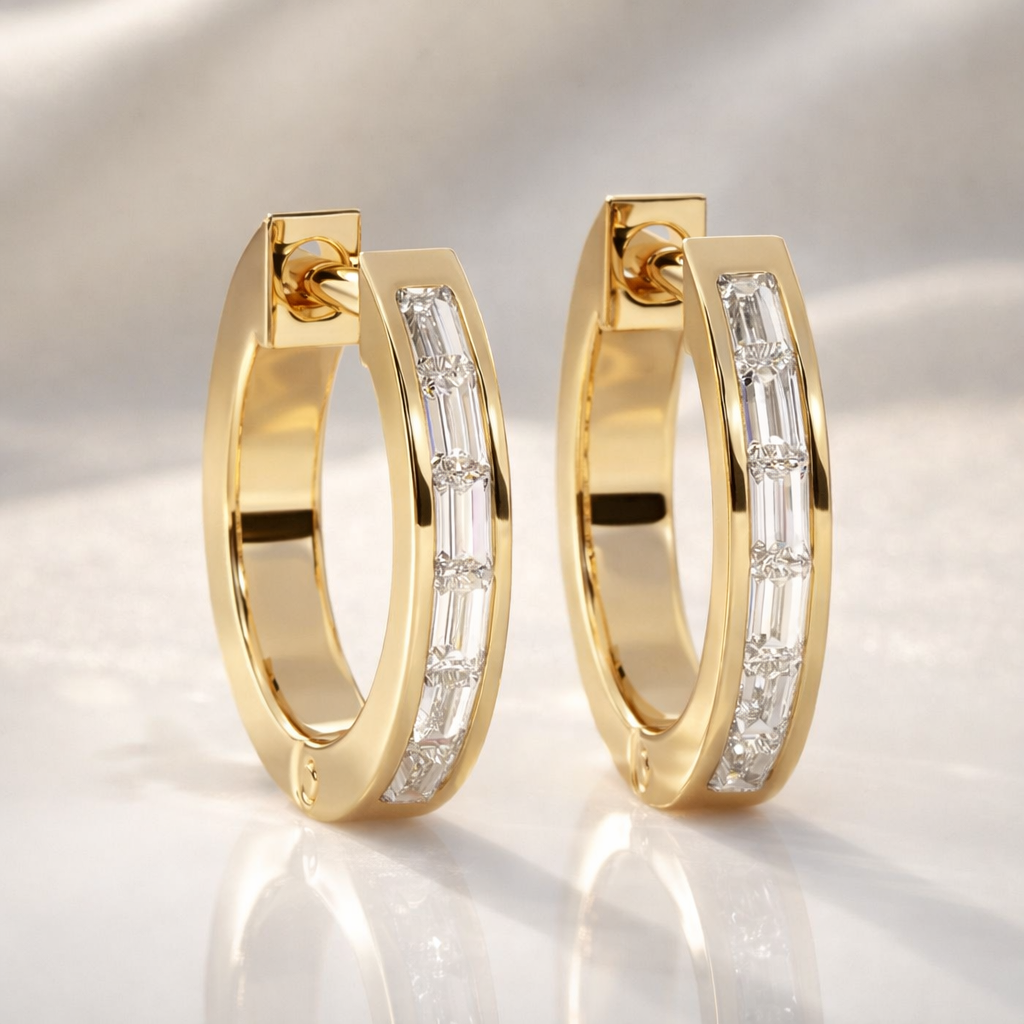 Solid Gold Huggie Earrings Baguette Cut Diamond Or Moissanite Earrings
