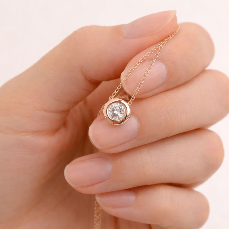 Bezel Setting Pendant Featuring Round Cut Diamond Or Moissanite And Minimal Pendant Style
