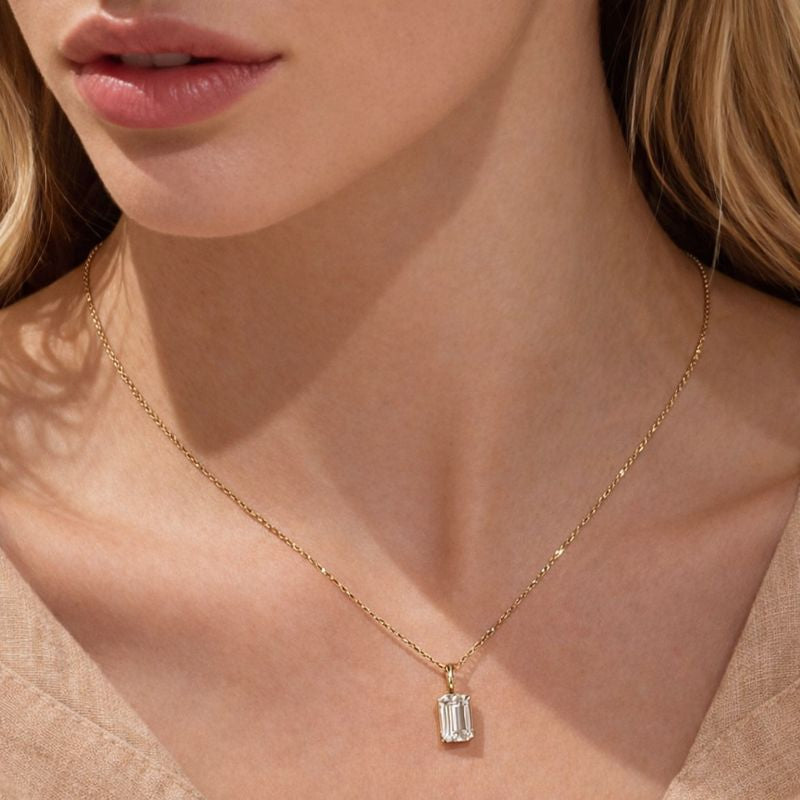 Moissanite Pendant In Emerald Cut Diamond Pendant Style With Yellow Gold Pendant

