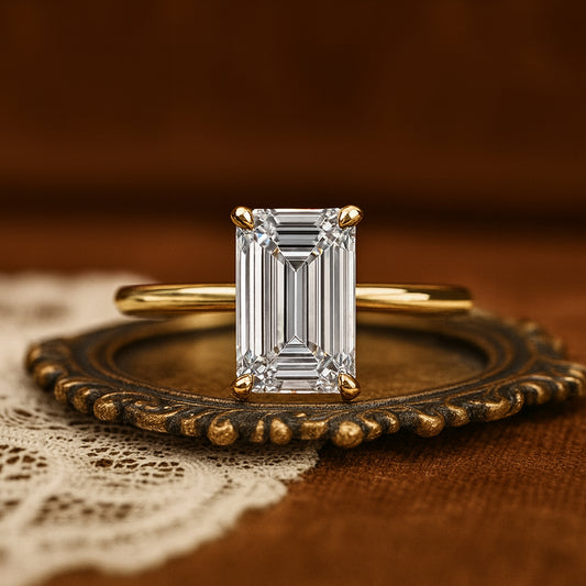 1.5ct Emerald Cut Moissanite Solitaire Engagement Ring Prong Setting In Gold VVS1 Clarity
