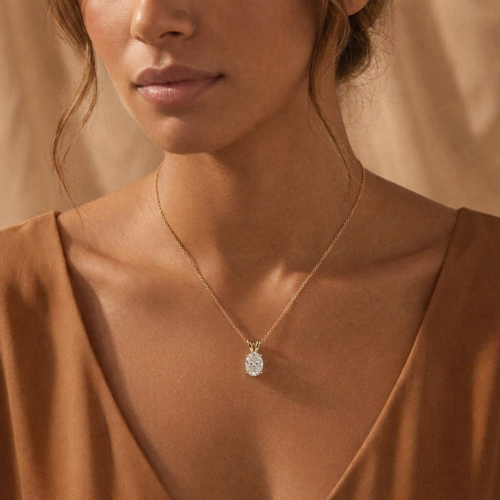 Lab Grown Diamond Pendant In Oval Pendant Design With Minimal Pendant Look And V Shaped Bail
