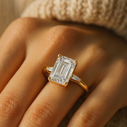 2 CT Emerald Cut Lab Diamond With Baguette Accents - Sophisticated Yellow Gold Setting