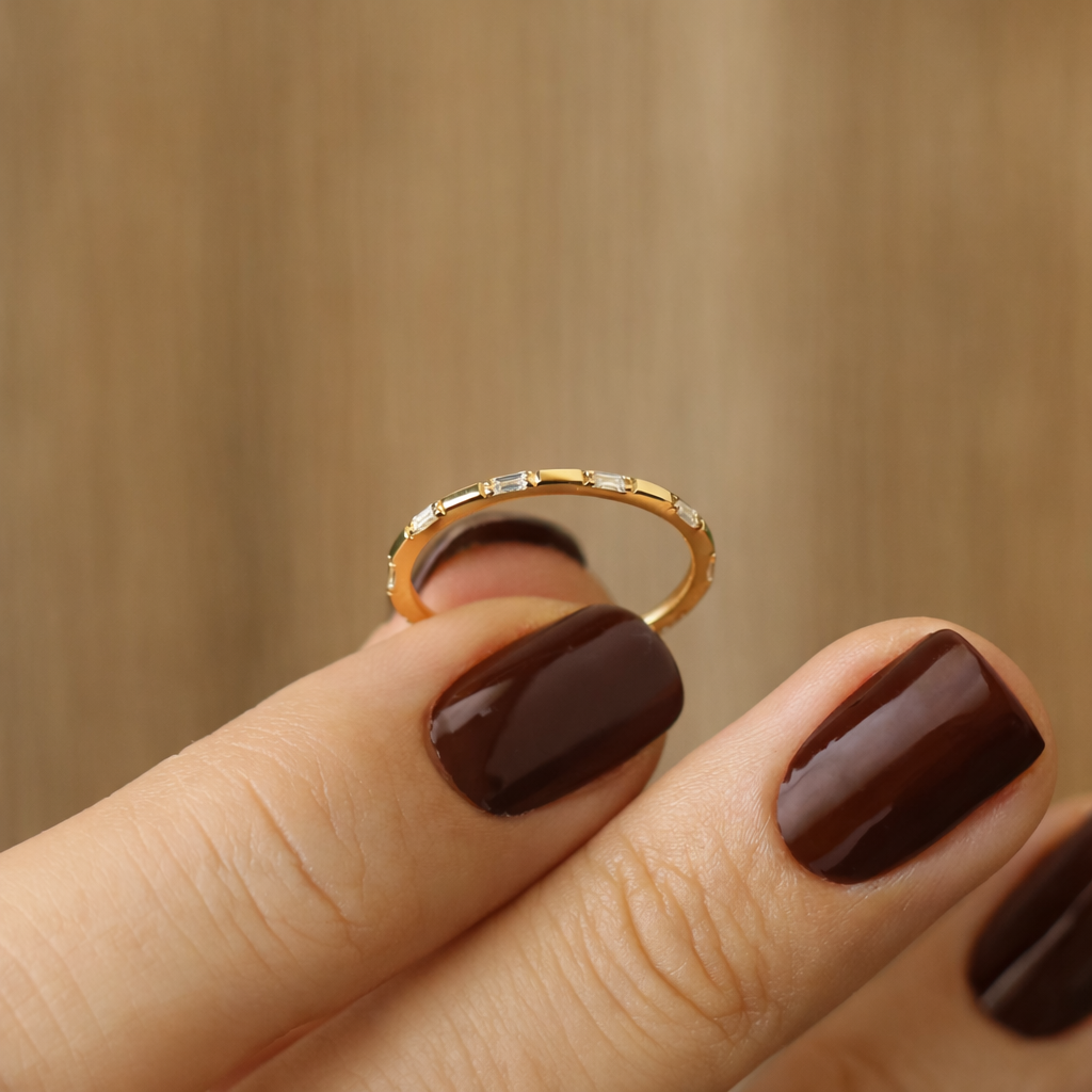 Stackable Gold Wedding Band Featuring Baguette Cut Diamonds
