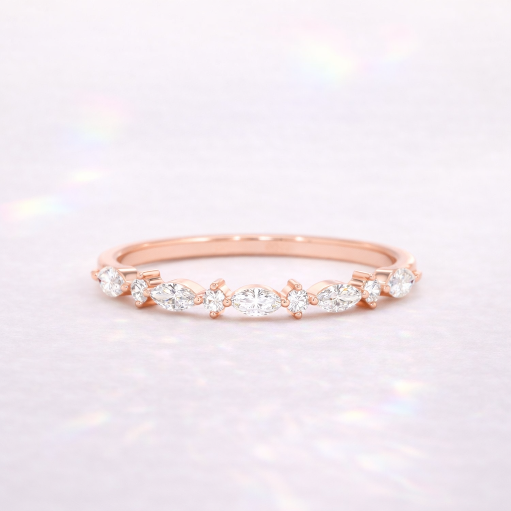 Stacking Ring Round And Marquise Cut Wedding Band Yellow Gold Half Eternity.
