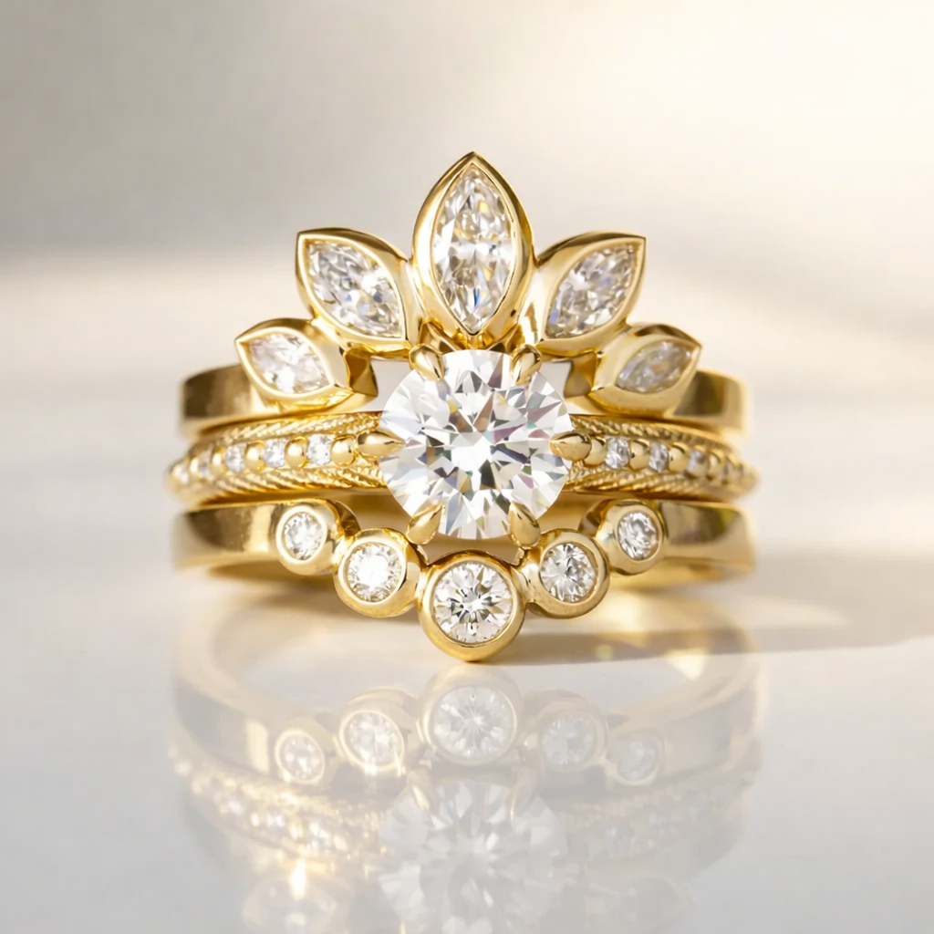 Stacking Ring Contour Wedding Band With Bezel Set Marquise Stones
