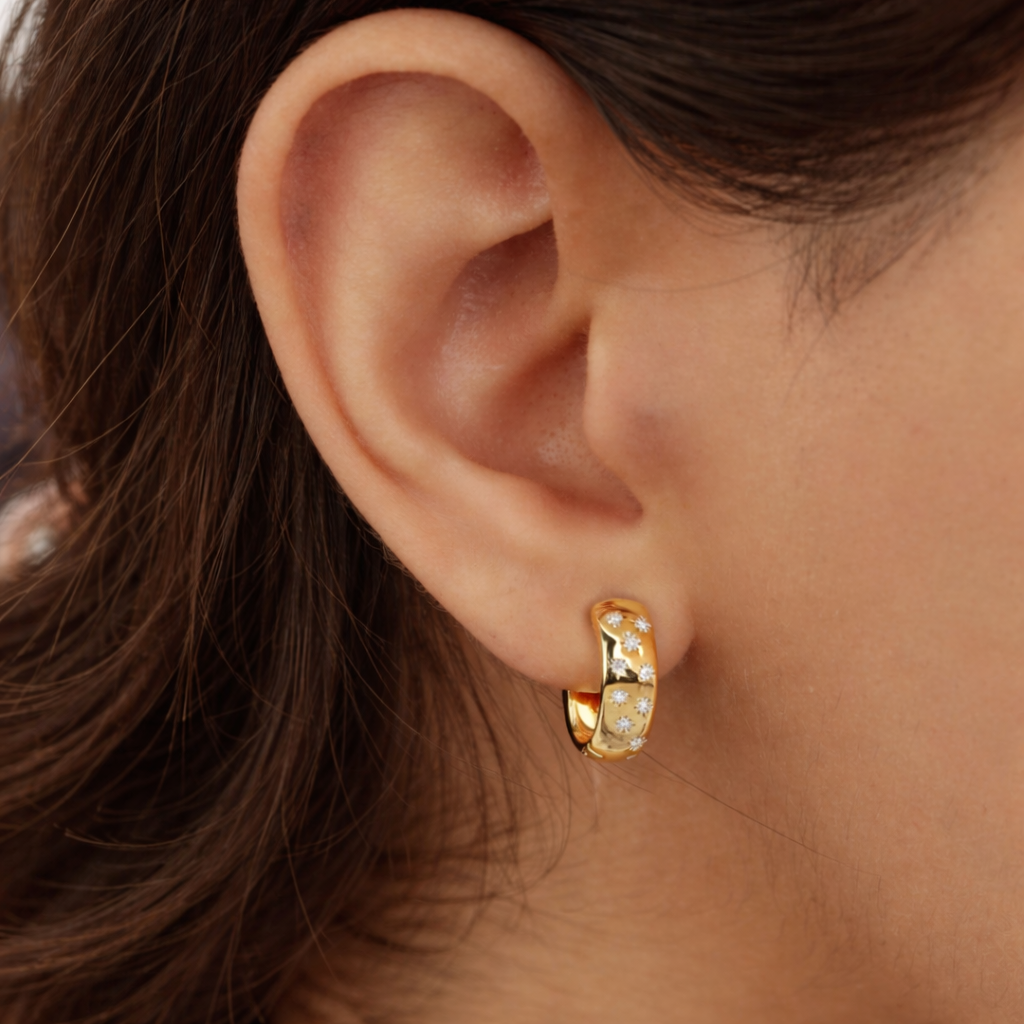 Yellow Gold Earrings Star Huggie Hoop Earrings
