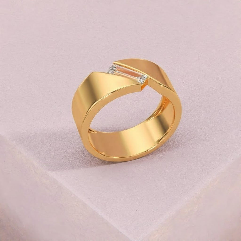 Wide Gold Wedding Band For Men With Modern Baguette Stone
