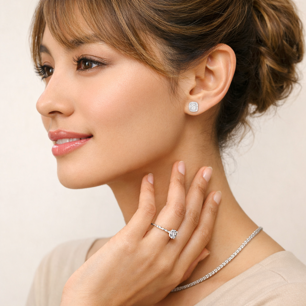 Moissanite Stud Earrings Cushion Cut Halo Setting In Yellow Gold
