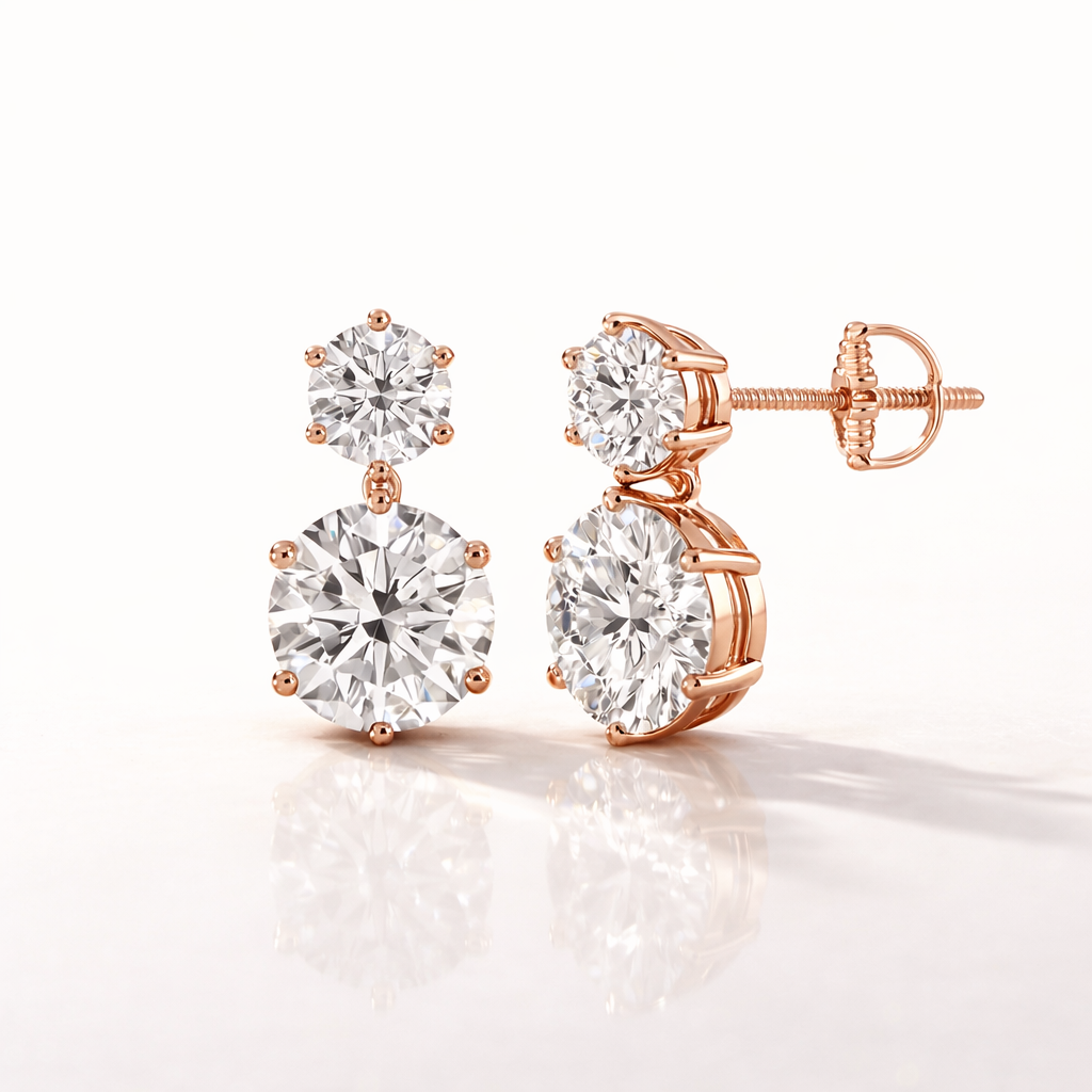 Modern Two Stone Diamond Earrings In Yellow White Or Rose Gold With Round Cuts
