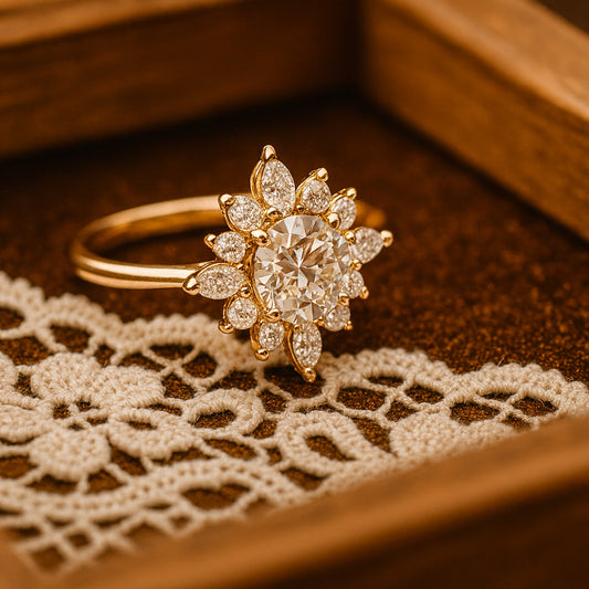 Stunning Floral Moissanite Engagement Ring Featuring Round And Marquise Diamond-Inspired Design.
