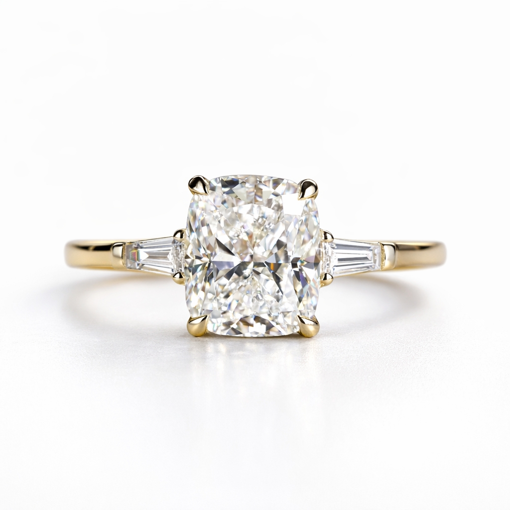 Cushion Cut Engagement Ring With Tapered Baguette Side Stone In Yellow Gold
