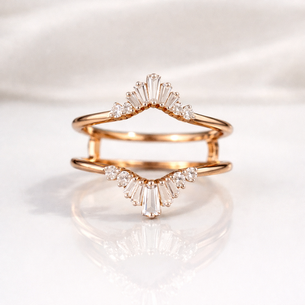 Ring Wrap Wedding Band With Baguette Cut Enhancer Ring In Rose Gold Prong Setting
