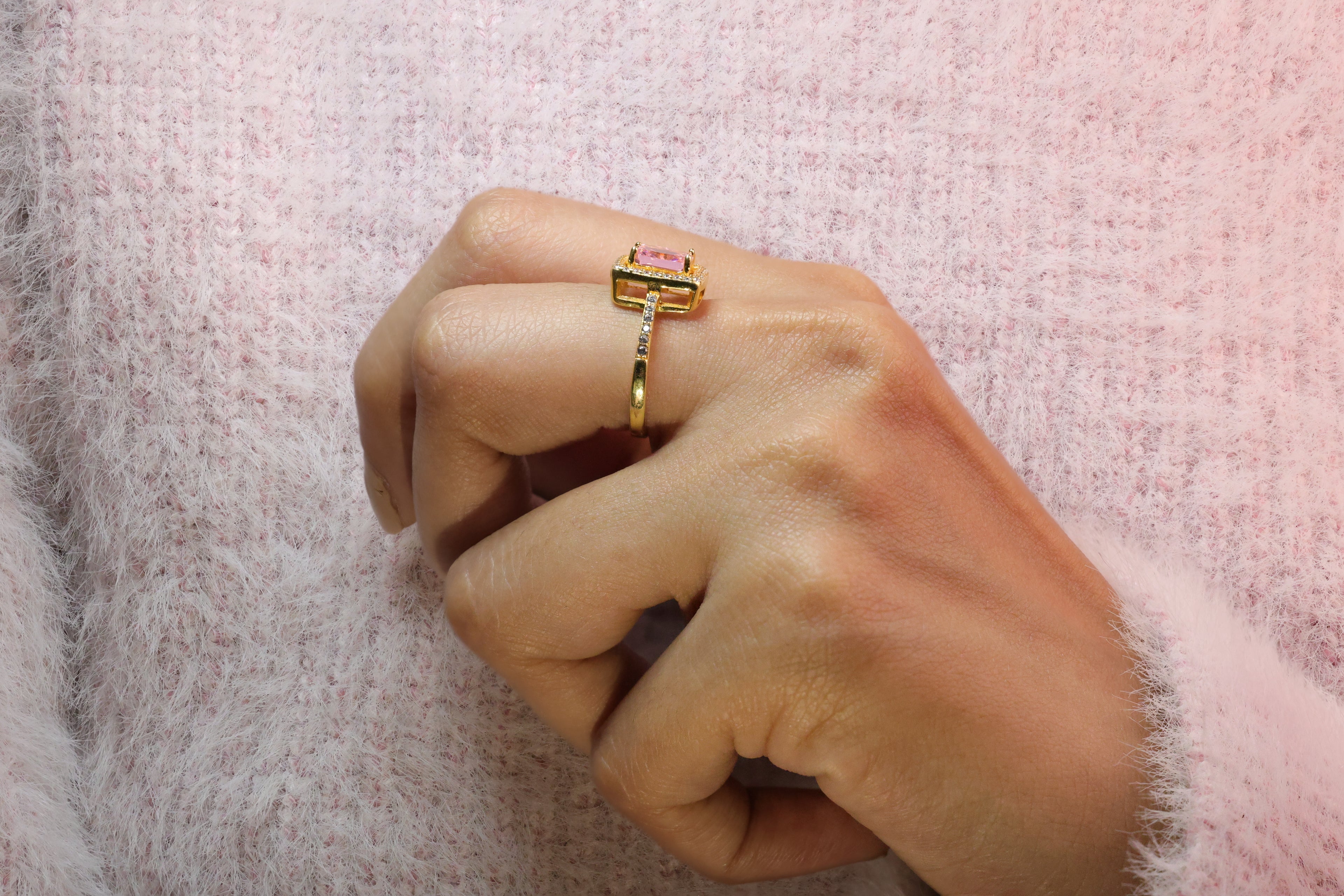 Pink Sapphire Engagement Ring Halo Diamond 4 Round Prong Setting.
