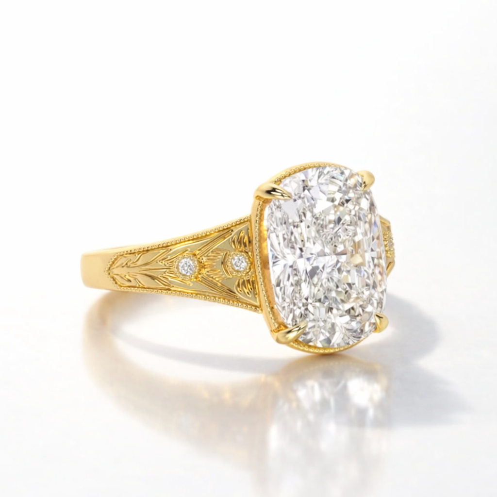 Elongated Cushion Cut Ring Milgrain Bezel Setting Filigree Ring.
