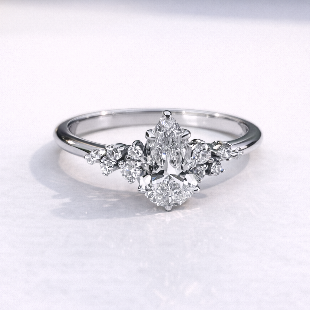 Teardrop Shaped Engagement Ring Pear Cut Diamond Ring 6 Claw Prong.
