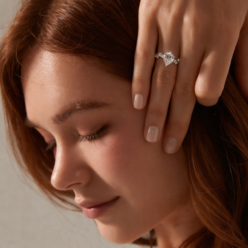 Moissanite Engagement Ring Pear Cut Round Cut Diamond Side Stone Gold Setting.
