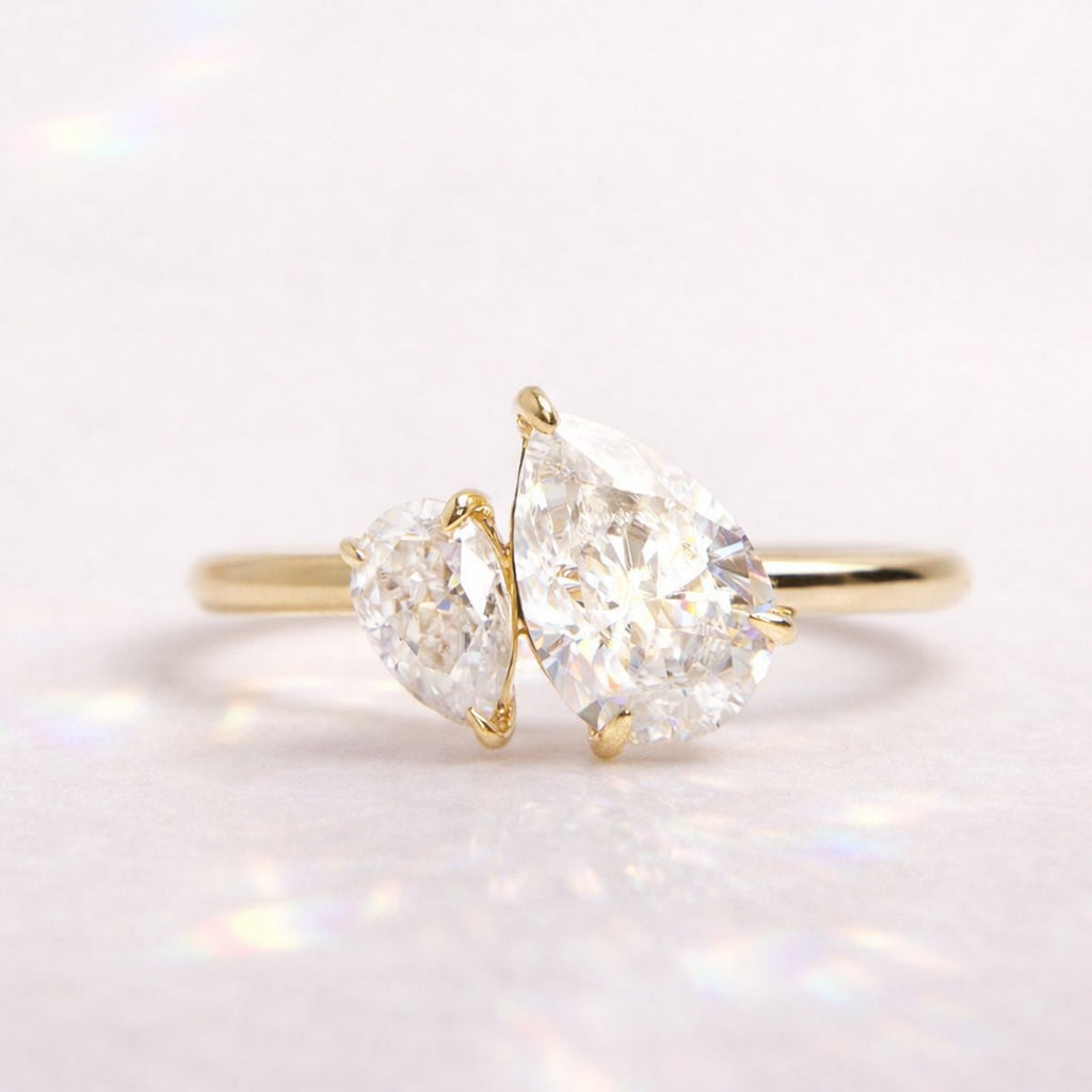 Teardrop Shaped Engagement Ring Pear Cut Diamond Two Stone Yellow Gold.
