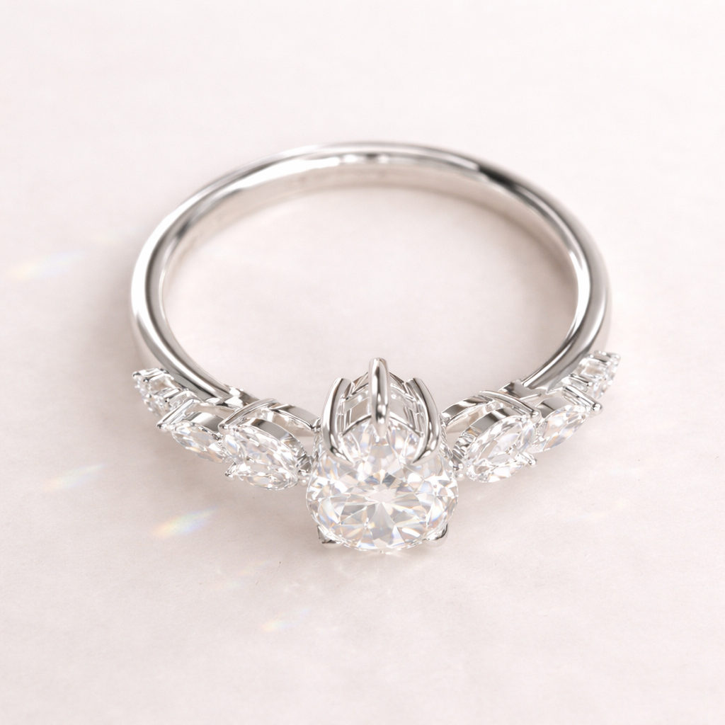Custom Teardrop Engagement Ring With Marquise Diamond Side Stones
