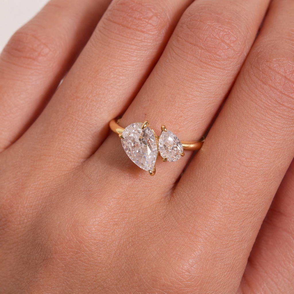 Teardrop Shaped Engagement Ring Pear Cut Diamond Two Stone Yellow Gold.

