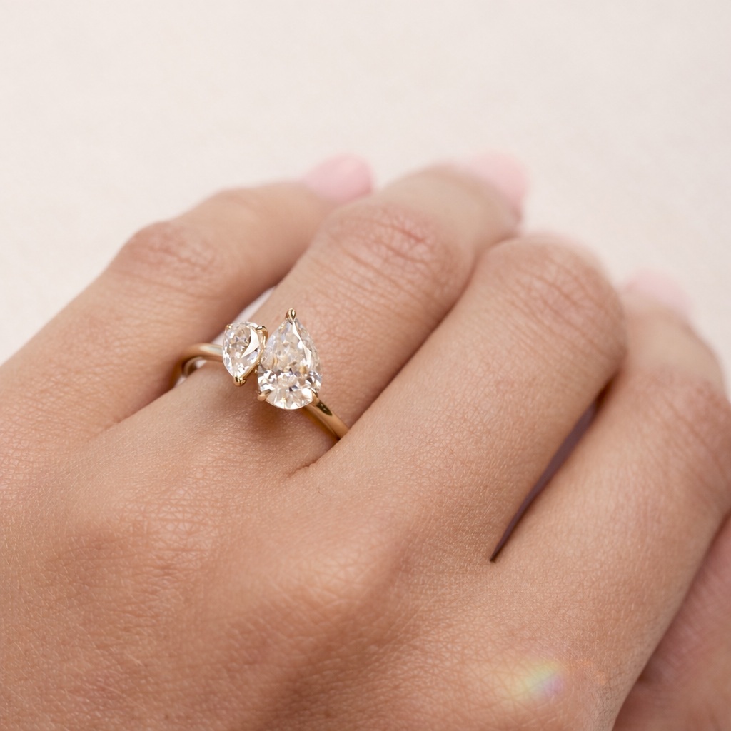 Yellow Gold Engagement Ring Teardrop Shaped Pear Cut Diamond Toi Et Moi.
