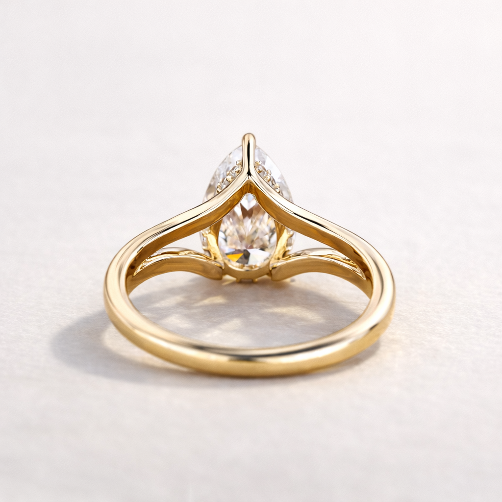 Split Shank Diamond Ring With Pear Shaped Lab Grown Diamond And Hidden Halo
