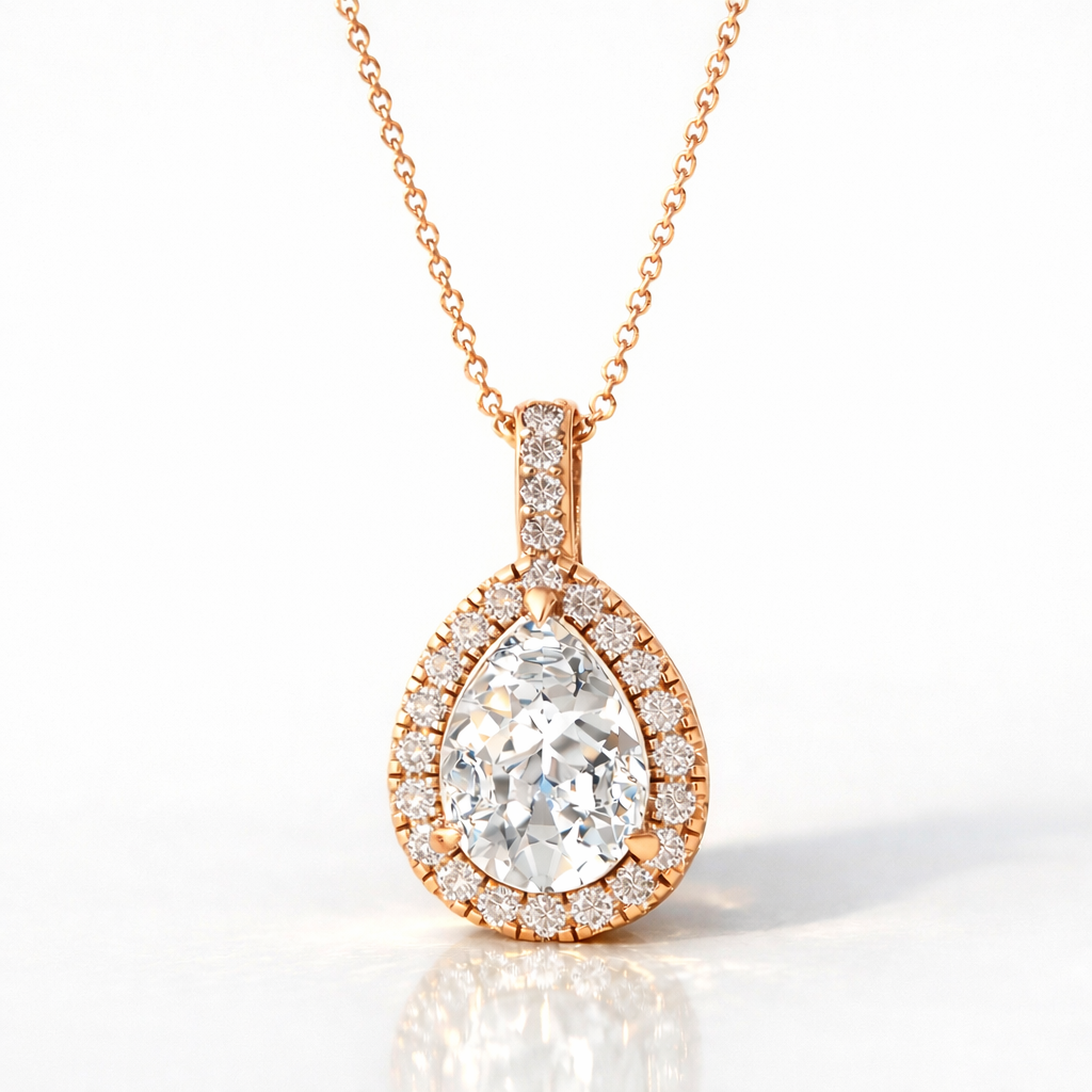 Elegant Pear-Cut Diamond Pendant In Gold With Three-Claw Prong Setting.
