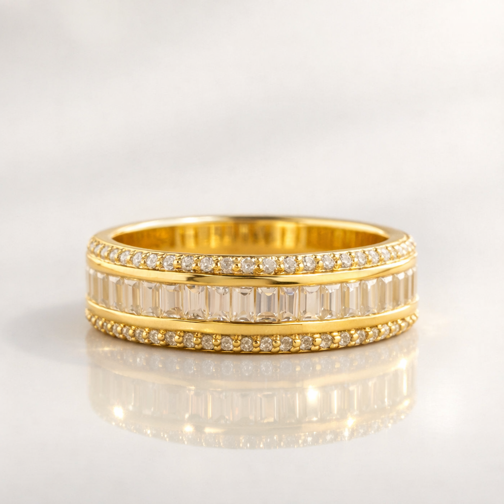 Three row diamond wedding band in yellow gold
