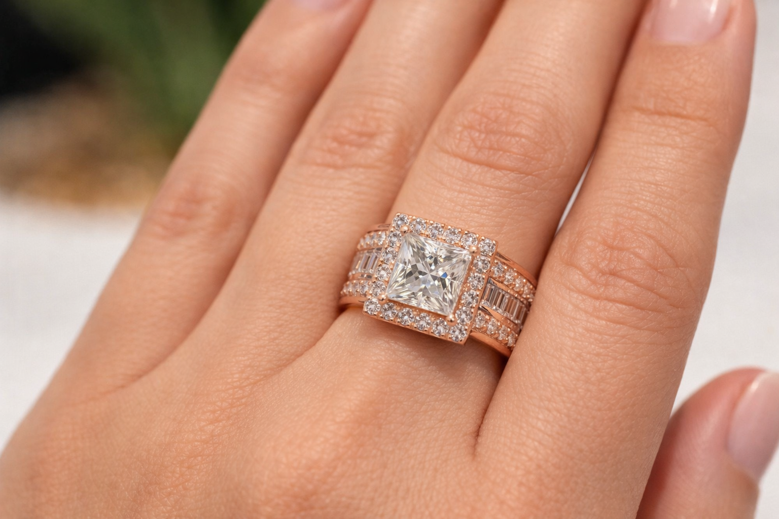 Two Carat Diamond Ring Princess Cut Round Cut Halo Three Row Pave.
