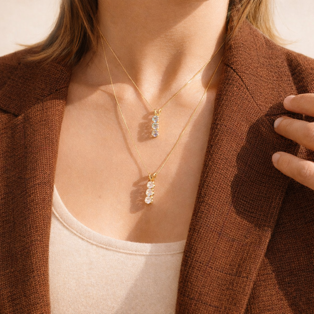 Elegant Three-Stone Moissanite Pendant In Gold With A Sleek Vertical Style.

