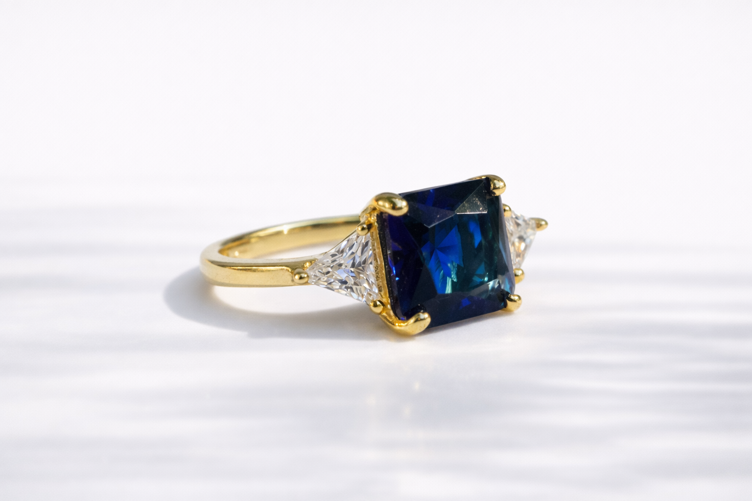 2 Trillion Side Stones Moissanite And Sapphire Ring Custom Engagement Ring.
